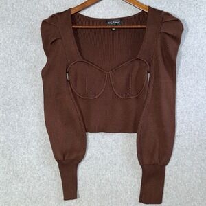 Say What Brown Ribbed Knit Bustier Crop Top Puff Sleeve Square Neck Mens Size M